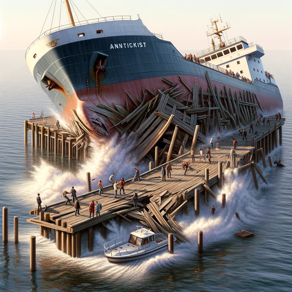A detailed scene capturing the moment of a pier allision. The image shows a large vessel making unintended contact with a wooden pier.
