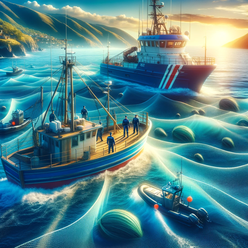 image representing maritime law enforcement in the fishing industry. The scene shows a fishing boat at sea, with its nets cast out, surrounded